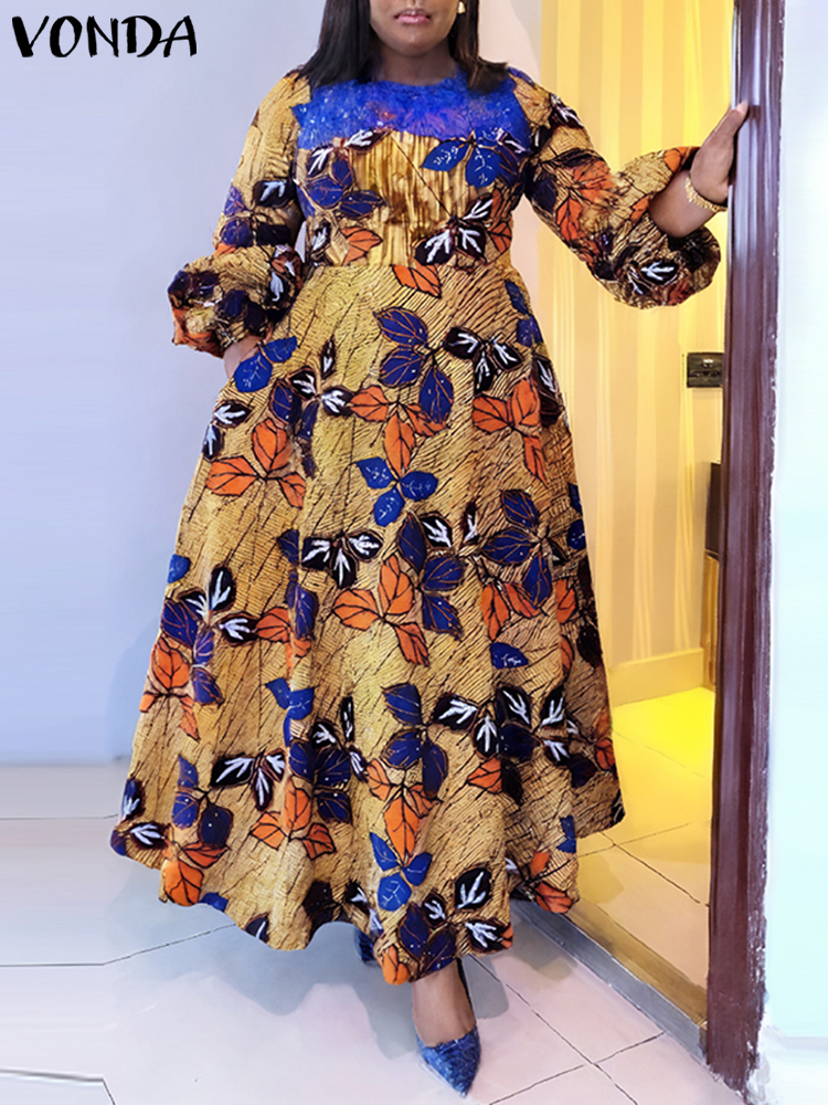 Vonda-女性のボヘミアンマキシドレス,花柄のカジュアルなサマードレス,レースのパッチワーク,ラウンドネック,エレガントなドレス,大きいサイズ,2024