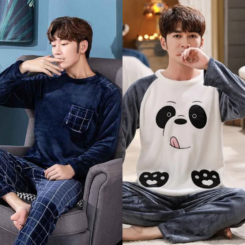 Conjuntos de pijamas de franela cálidos de dos piezas para hombre, ropa de dormir elástica de manga larga azul, ropa de dormir informal suave y lisa con cuello redondo, otoño e invierno