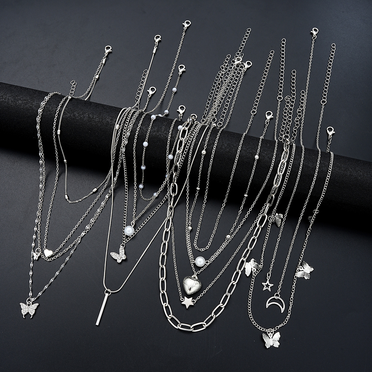 13 ชิ้น/เซ็ตอารมณ์ที่เรียบง่ายชุดสร้อยคอผีเสื้อ Pearl Heart Star Zircon Silver สีสร้อยคอแฟชั่นผู้หญิงเครื่องประดับของขวัญ