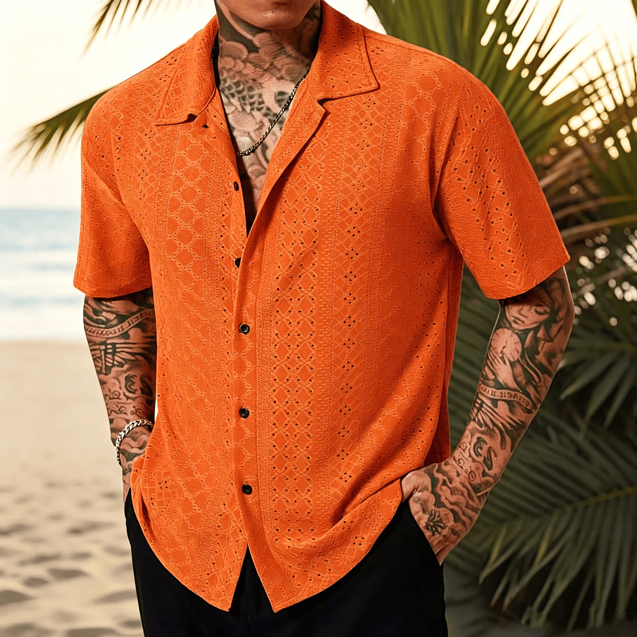 Kemeja Pantai Hawaii Lengan Pendek Rajut Kasual Pria dengan Motif Geometris Bergaris Tekstur Jacquard Longgar