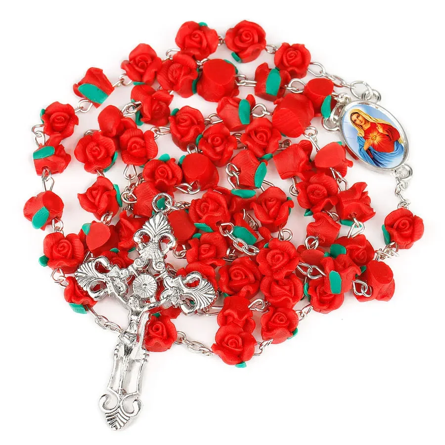 Religiöse katholische weiche Ton Rose Rosenkranz Halskette für Frauen Jungfrau Maria Kruzifix Gebet Amulett Perle Pullover Kette Schmuck Geschenk