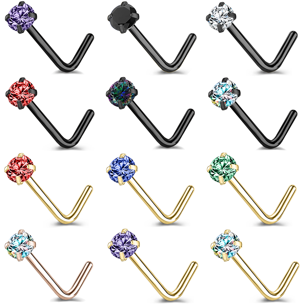 ZS 20G 1PC vergoldete Nasenpiercing-Ohrstecker Edelstahl Nasenloch Schmuck Bunte Zirkon Nasenstecker Ring Frauen Körperpiercings