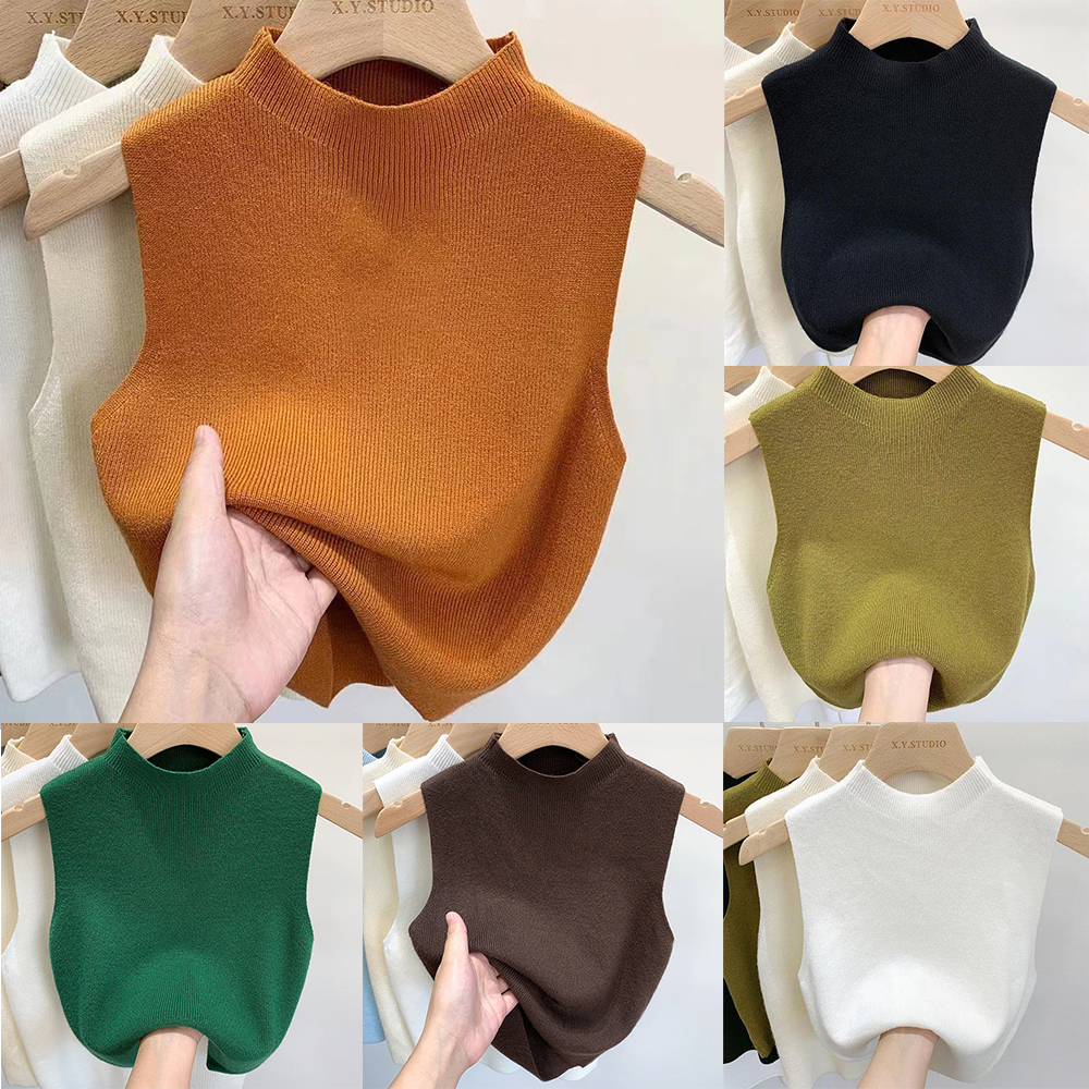 女性のベストタンクトップ無地ニット Tシャツクロップドキャミソールセーターハーフタートルネック春秋ノースリーブ топ женский