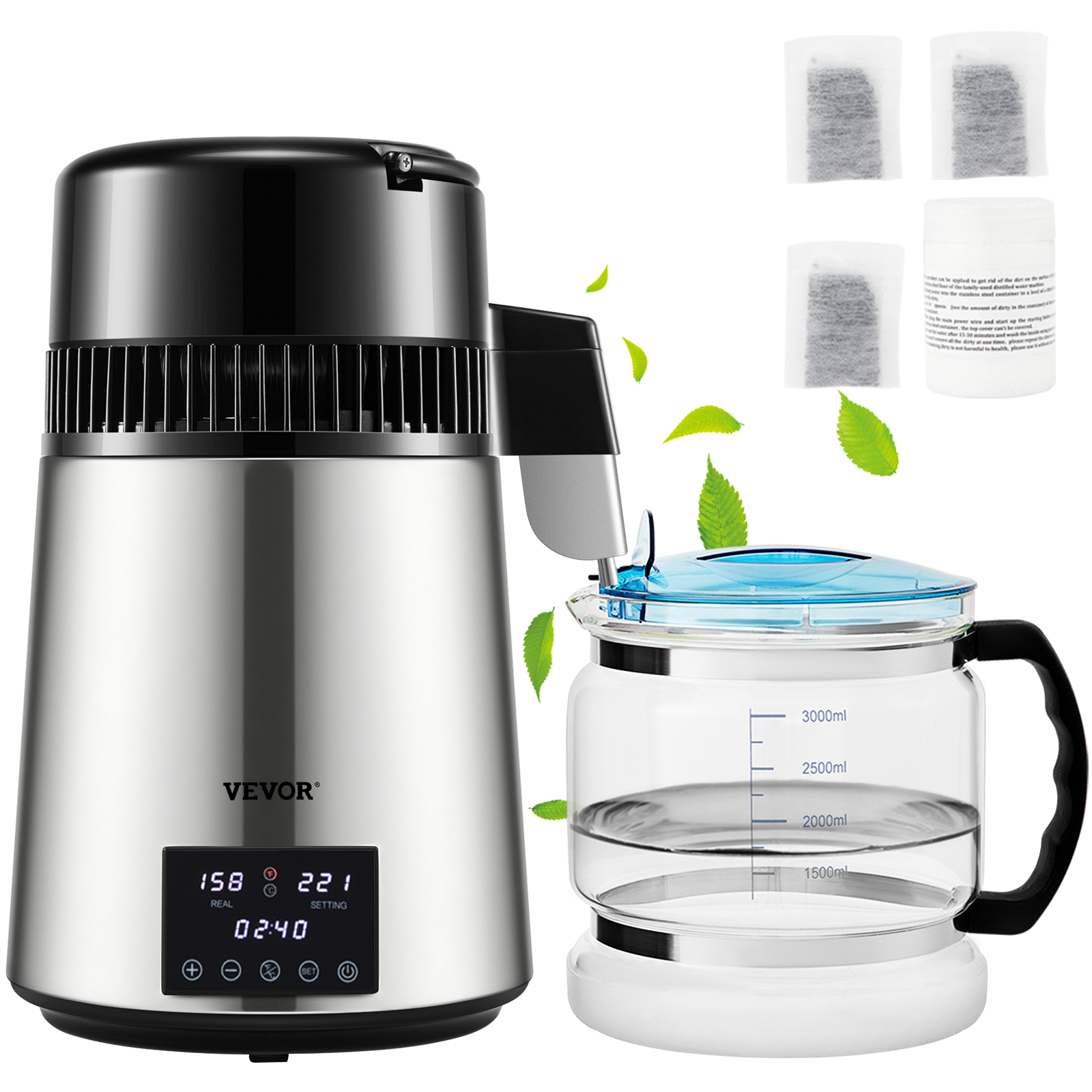 SucceBuy 1,5 l/u destillingsnelheid 4 liter waterdestilleerder behandeling luchtreiniger filter touchscreen tijdinstelling 304 roestvrij thuisgebruik