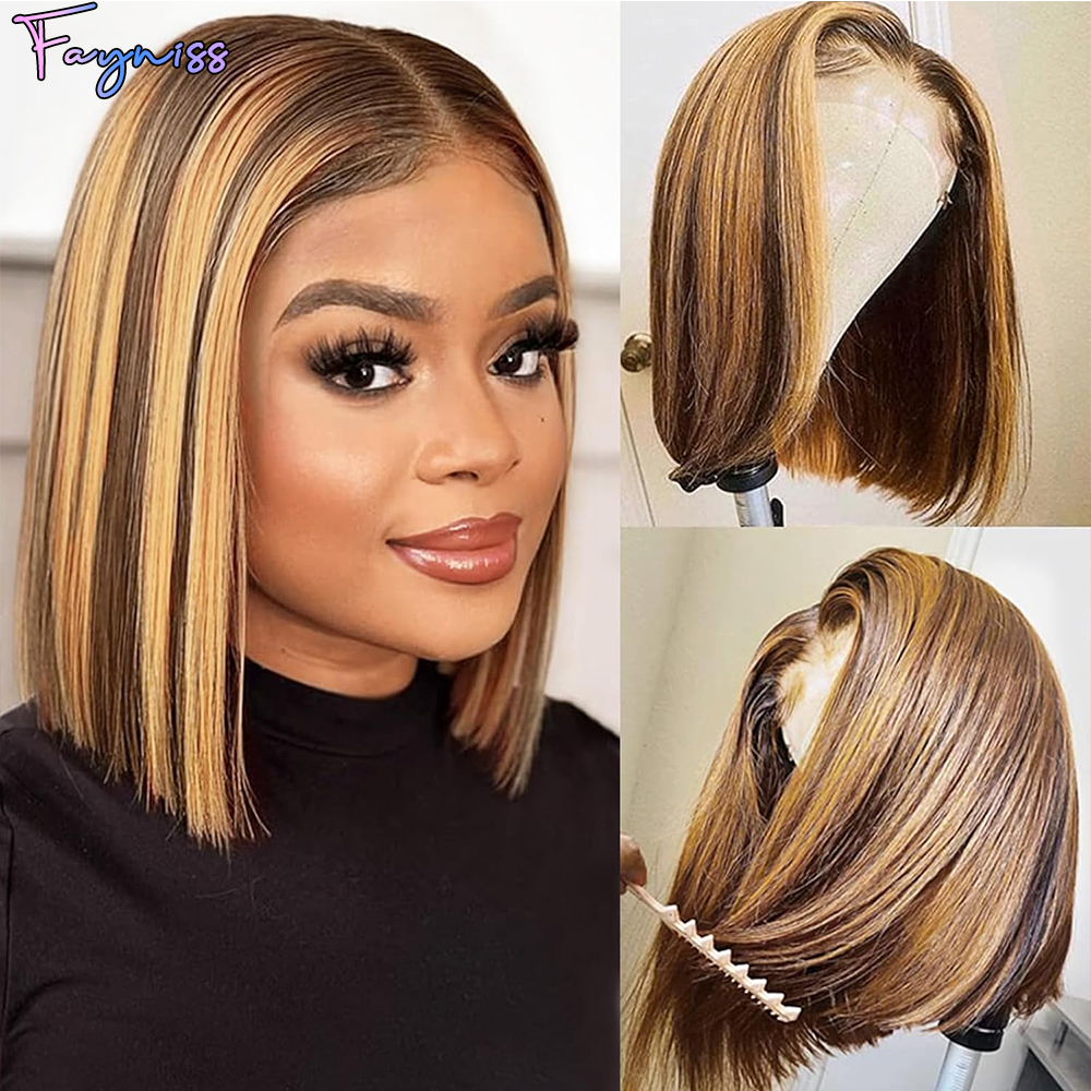 Fayniss Pelucas Bob de Cabello Humano 100% con Reflejos Rubio Miel Ombre, Pelucas Frontales de Encaje 13x4, Pelucas Rubias Miel 4/27 Pre-arrancadas con Cabello de Bebé, Pelucas Bob Cortas de 180% de Densidad para Mujer