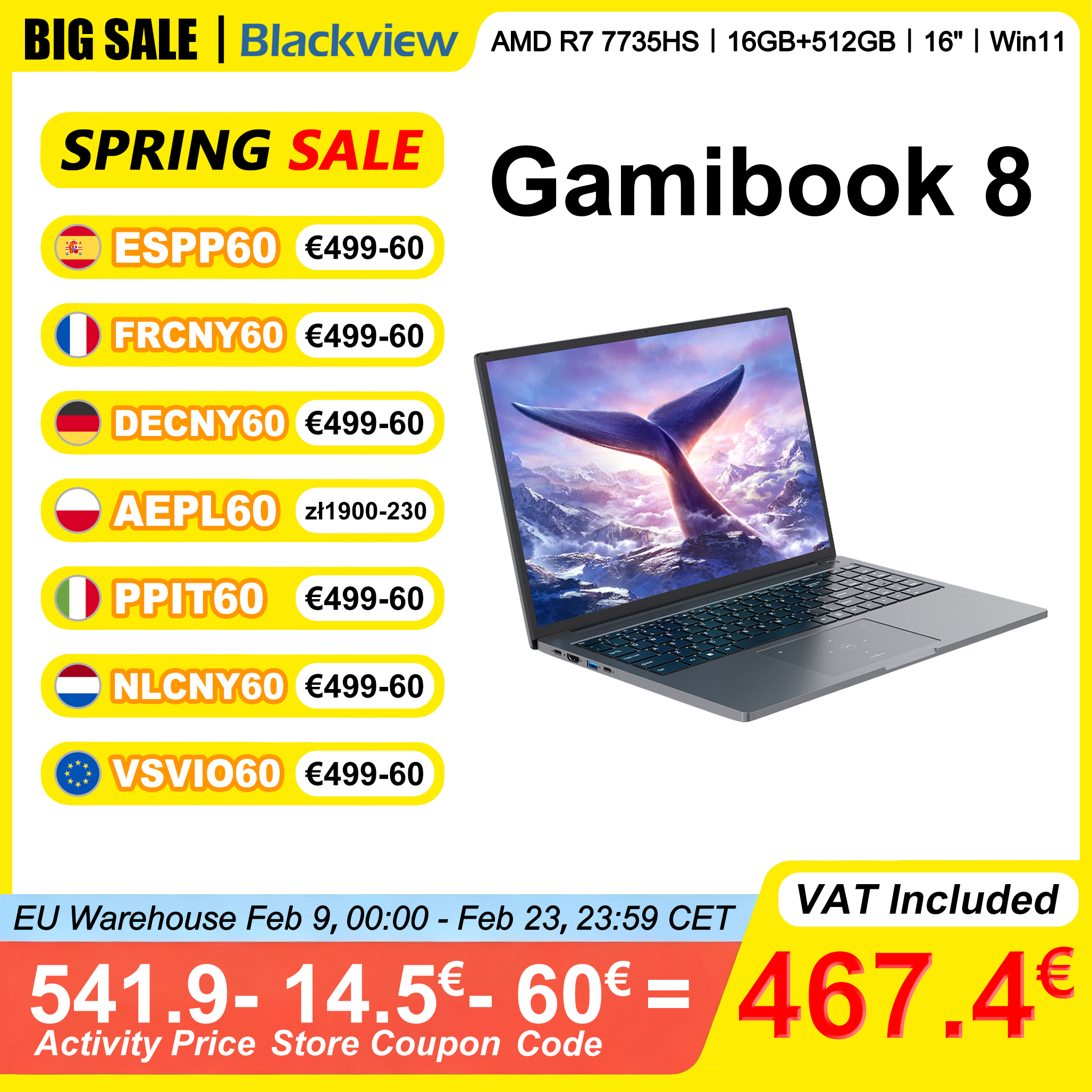 Blackview ‎ GamiBook 8 Laptop 16" AMD R7 7735HS LPDDR5 16GB/32GB RAM 512GB/1TB ROM Windows 11 Pro BT5.2 Wifi 6 toetsenbord met achtergrondverlichting