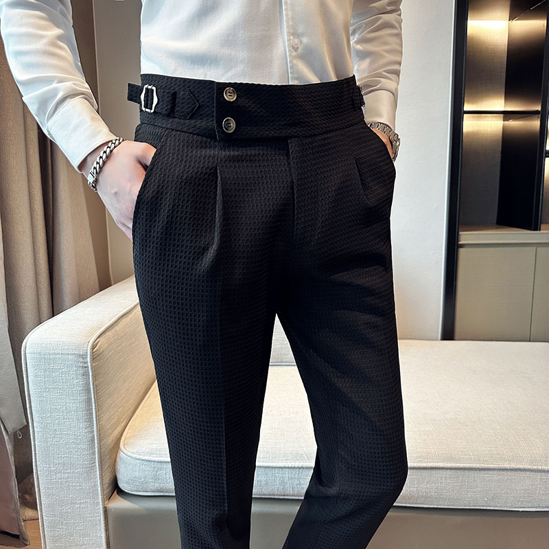Waffle moda calças masculinas de cintura alta 2024 novo negócio fino ajuste casual terno calças masculinas primavera verão formal vestido social calças