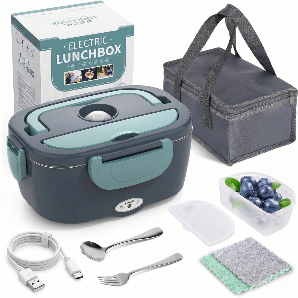Electric Heating Lunch Box; 1.5L 304 Stainless Steel Dual Compartment Food Warmer, 12V Car Use, Portable Heated Bento Box With Fork, Spoon & Insulated Bag, Viral Must-Have For Office, Travel & Road Trips, Perfect Gift For Commuters, Drivers