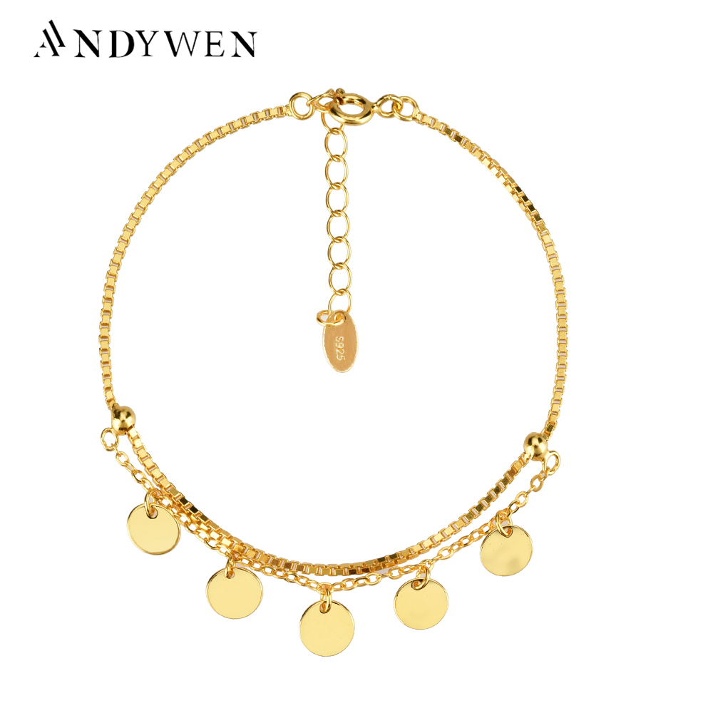 ANDYWEN-Breloques en argent regardé 925 pour femme, pièces de cercle rond, pendentif, bijoux en or, double bracelet, rock punk
