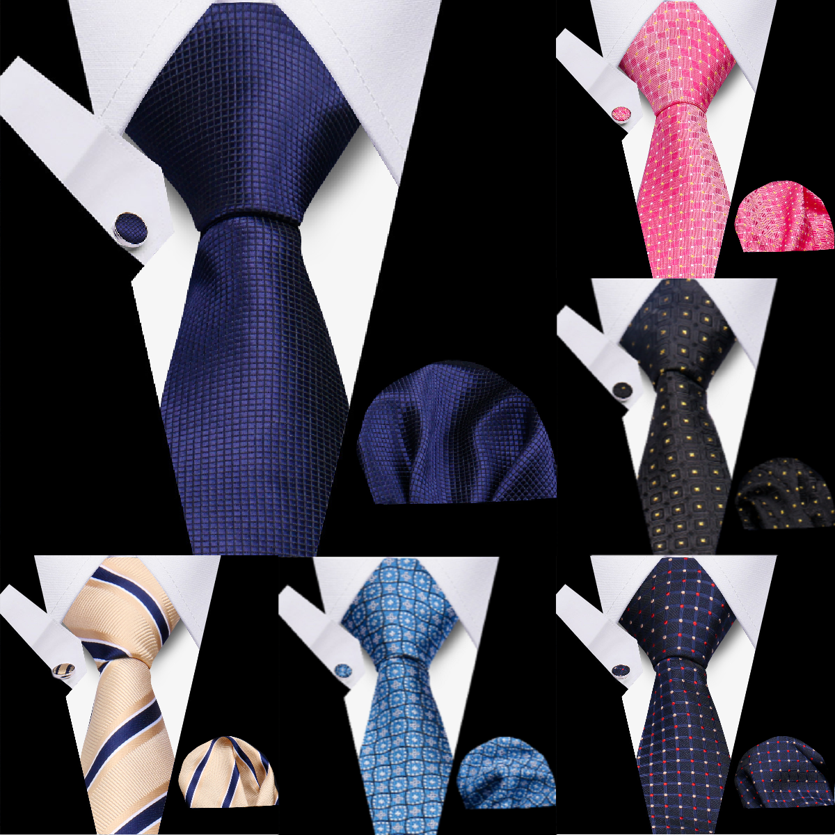 Gravatas clássicas elegantes para homens, presentes da moda, listradas, sólidas, lenço, abotoaduras, 3 peças, conjunto de acessórios de terno de negócios de casamento