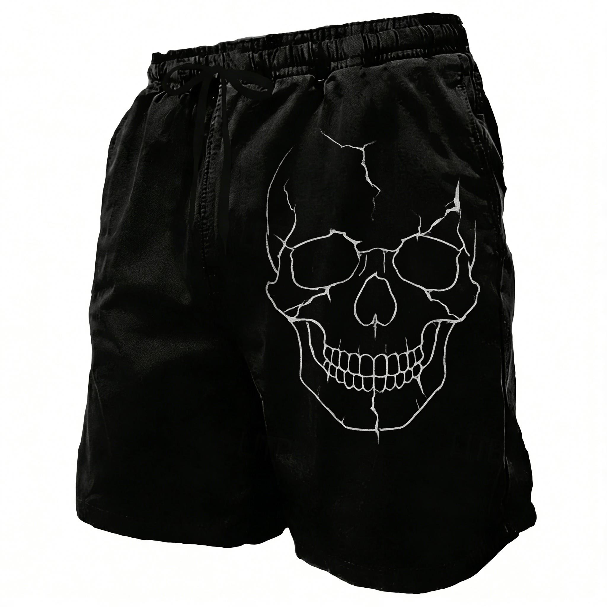 Men's Black Cracked Skull Print Drawstring Shorts, Spring Summer Dark Street Casual Shorts, Pocket Beach Shorts