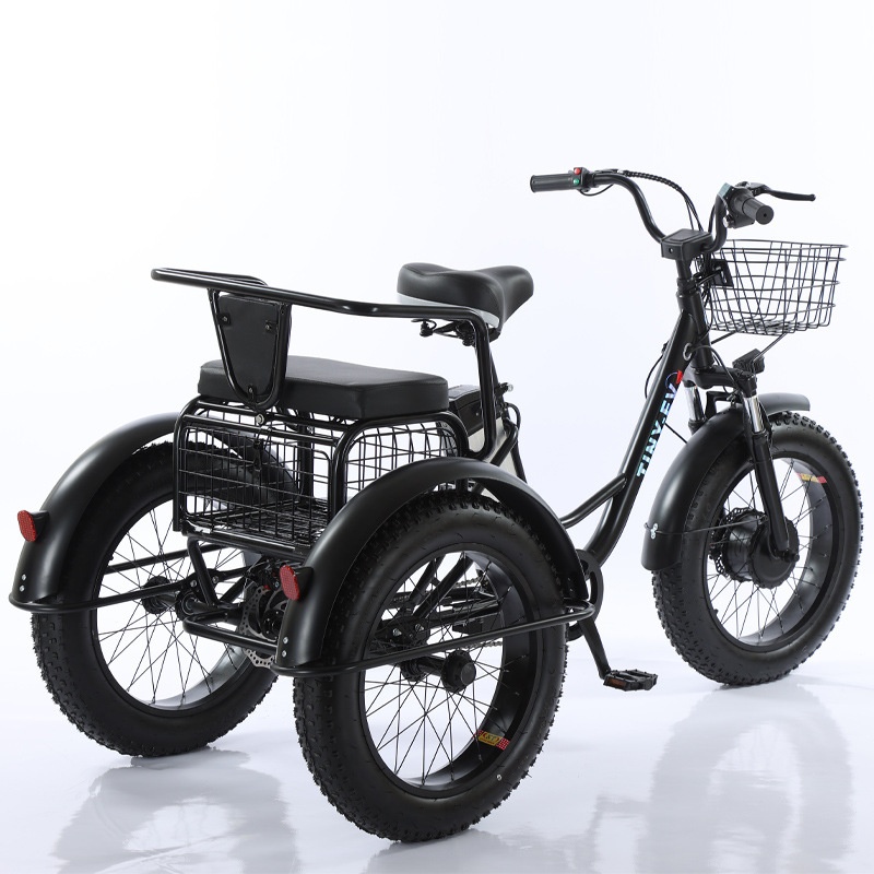 Bicicleta eléctrica gruesa de 20 pulgadas, triciclo eléctrico de 3 ruedas con asiento de pasajero para adultos, potente batería de litio extraíble de 48v y 500w