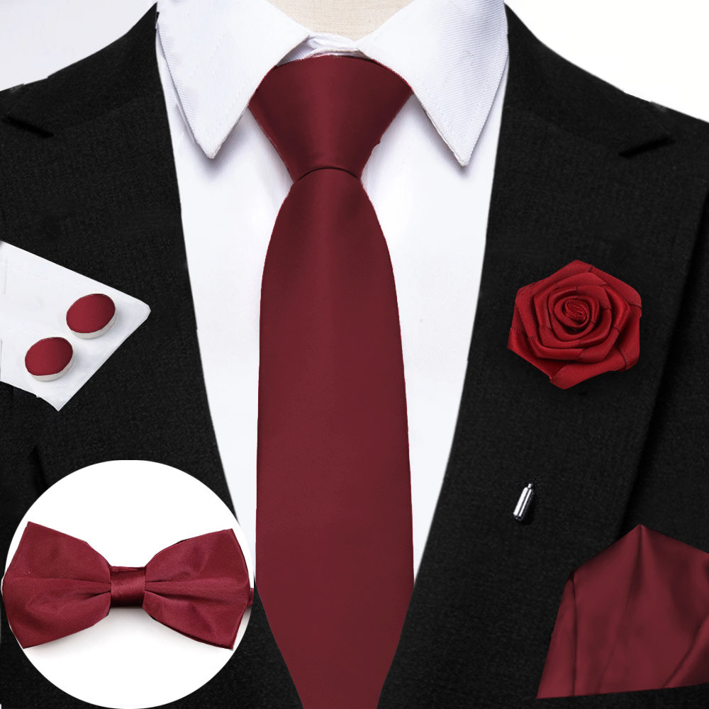 Hot Sale Burgundy Pink Necktie Set Include Polyester Bowtie Cufflink Floral Brooch For Groom Suit Wedding Cravat Shirt Accessory