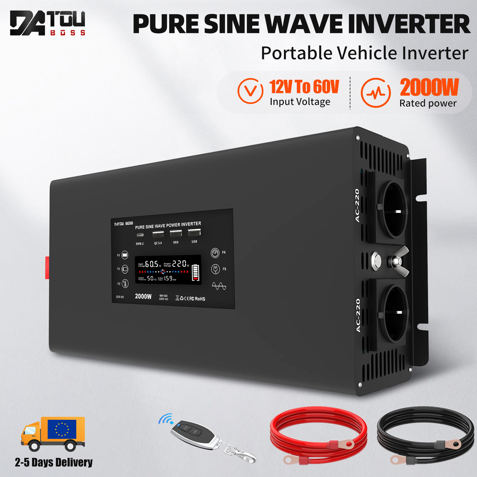 DATOUBOSS Alemania almacén DN-03 serie inversor sinusoidal puro DC 12V 24V 48V a AC 220V potencia continua 2000W inversor de coche