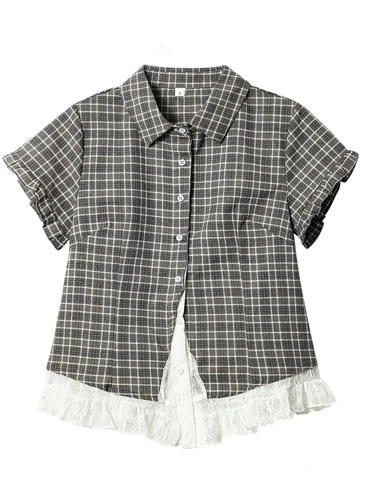 Lace Patchwork Plaid Shirt Women Summer Sweet Short Sleeve Vintage Blouse Slim Sweet Retro Japan Kawaii Female Cute Casual Tops