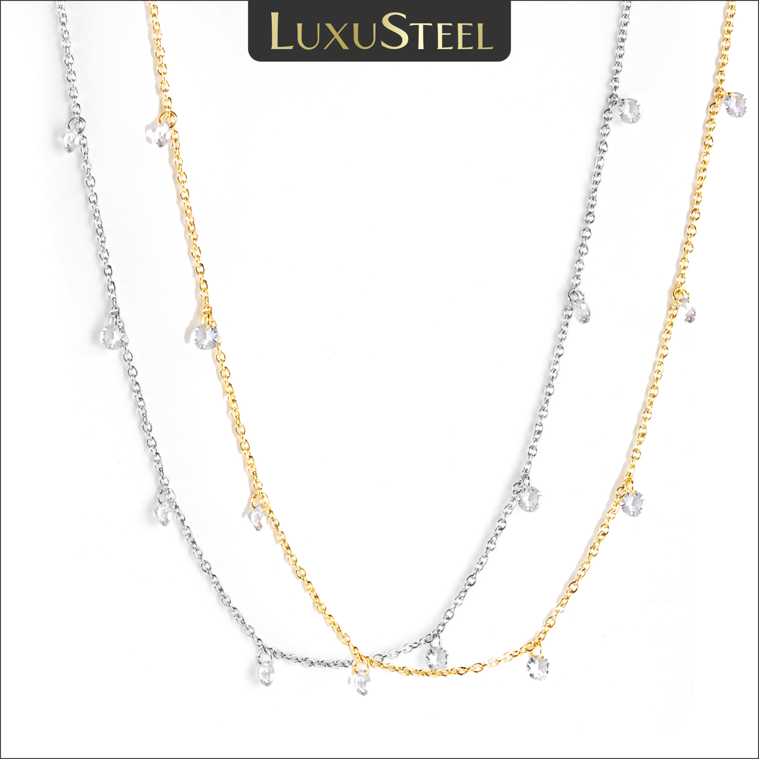 LUXUSTEEL Dainty Luxus Edelstahl Halskette Frauen Goldene Farbe Runde CZ Kristall Charme Kragen Bijoux Acier Inoxidable Femme