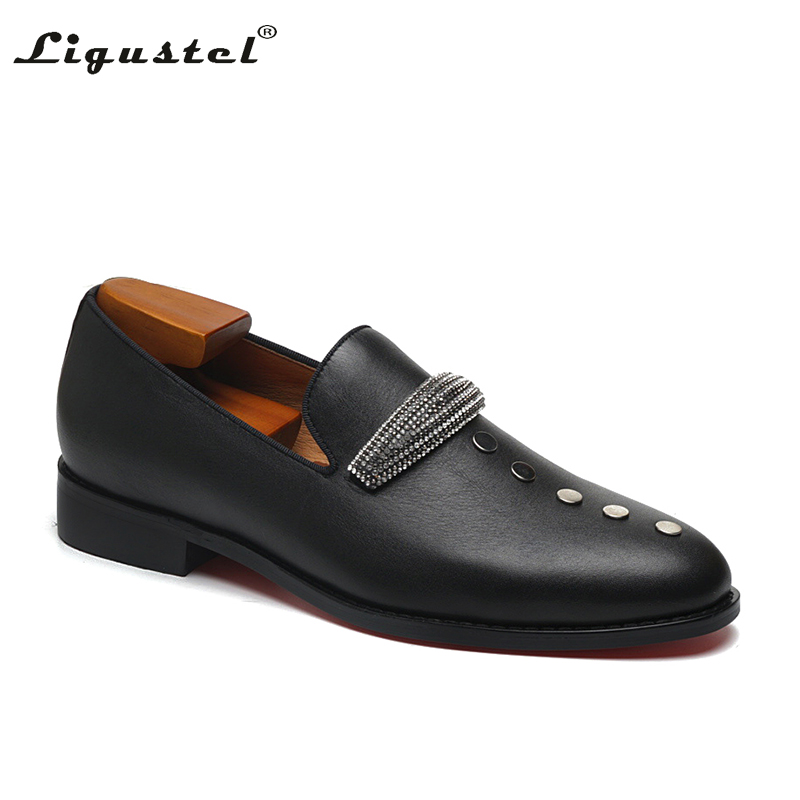 Ligustel-Sapatos casuais masculinos originais feitos à mão com fundo vermelho, mocassins de couro preto plus size, festa de casamento, masculino