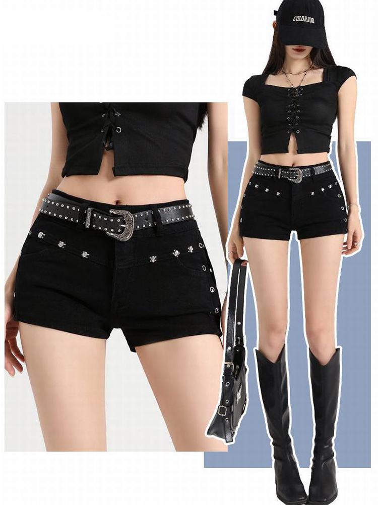 Shorts in denim neri sexy a vita bassa Y2K da donna, stile punk gotico coreano, elasticizzati, per l'estate, con cintura inclusa