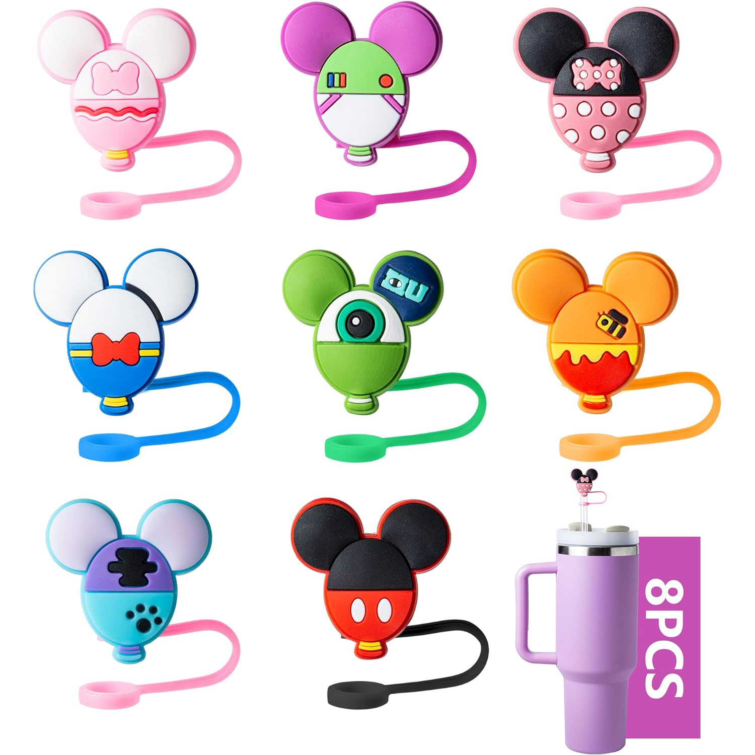 8 sztuk słomek Cute Mice do kubka Stanley, nakładka na słomkę o średnicy 0,4 cala/10 mm, kompatybilna z kubkiem Stanley 20 30 i 40 0z