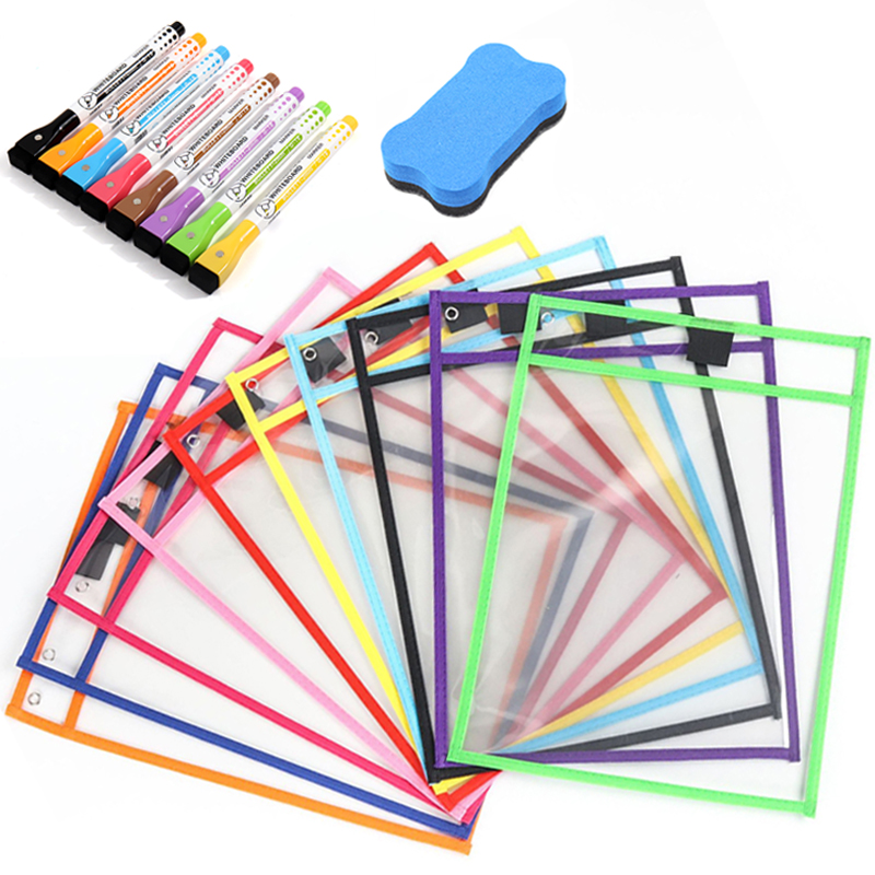 Bolsillos borrables en seco para archivos reutilizables con bolígrafo borrable, bolsillo transparente para niños, archivo colgante de letras A4 para mascotas para suministros de enseñanza