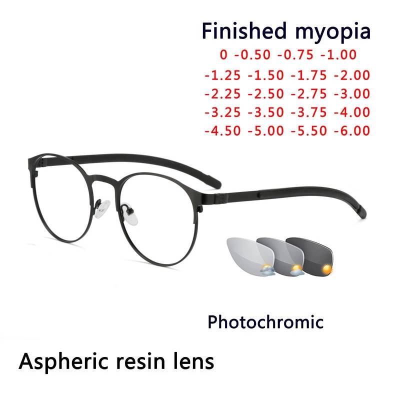 Gafas fotocromáticas con montura de aleación redonda para miopía, lentes de protección UV para exteriores, dioptrías-0,5-1,0-1,5-2,0 To-6,0