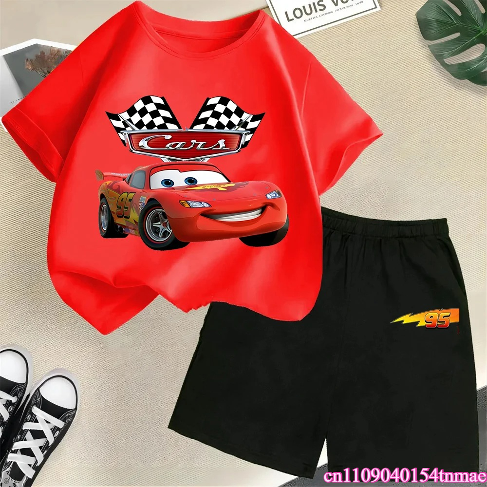Disney Summer New Children's Cartoon T-shirt Set Lightning McQueen Cotton Summer Boy and Girl Clothing Casual Children's Wear