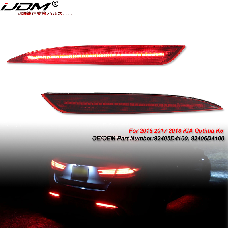 Светодиодные задние фонари-отражатели IJDM для бампера автомобиля KIA Optima K5 2016-2018 годов выпуска, выполняющие функции задних ходовых огней, стоп-сигналов, противотуманных фар и указателей поворота.