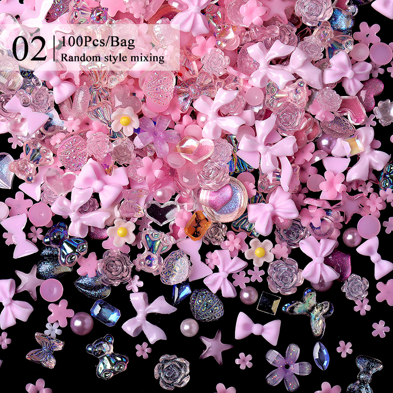 1 bolsa de mezcla de gelatina colorida, cinta transparente con lazo, dijes para uñas, corazón, perlas, flor, parte trasera plana, piezas de gemas, decoración artística para uñas