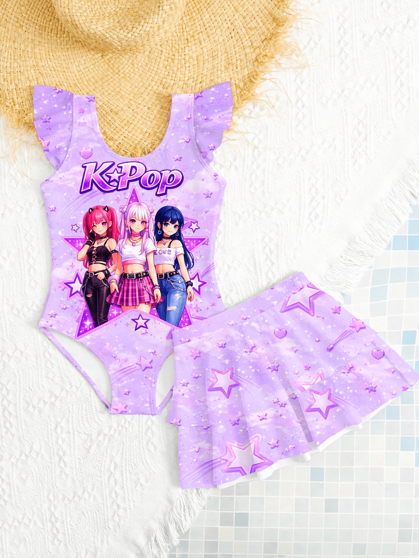 Conjunto de maiô de verão para meninas, maiô de uma peça + saia de praia, conjunto de duas peças, personagens de desenhos animados em gradiente de arco-íris + estampa de letras Kpop, doce e fofo, adequado para meninas