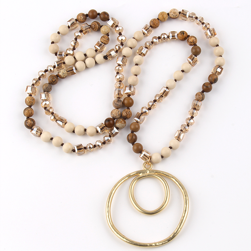 Accessorio per gioielli bohémien di moda pietre da 6mm/cristallo annodato con collane con ciondolo rotondo in metallo regalo Boho da donna