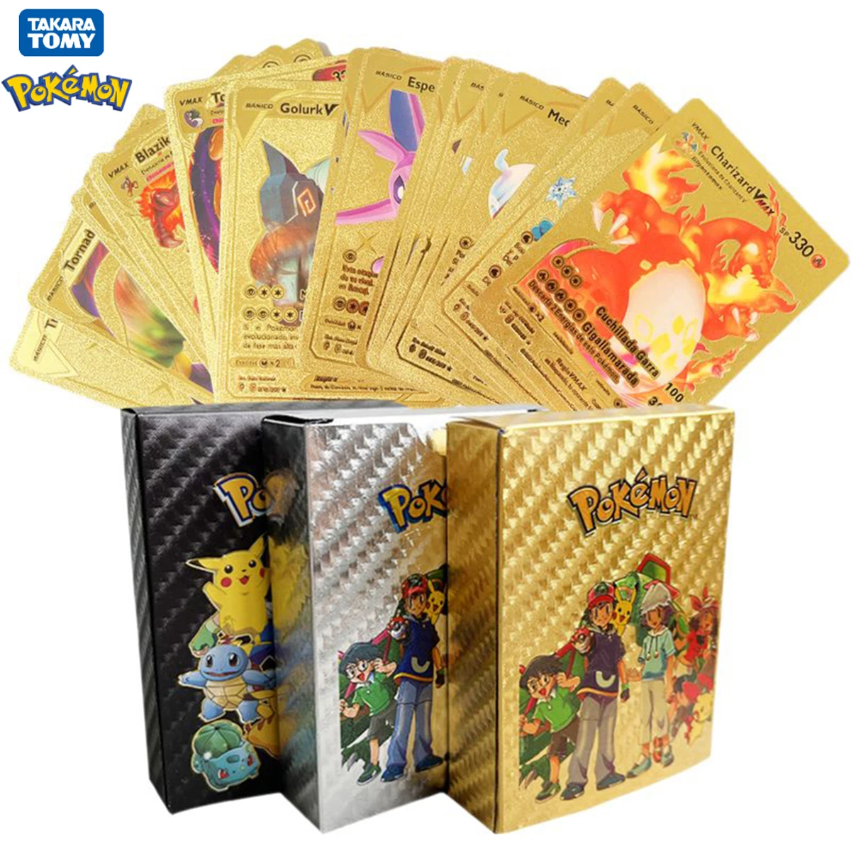 Карты с покемонами, металлические, золотые, черные, Vmax GX Card Box Mewtwo Charizard Pikachu, редкая коллекция, боевой тренер, карты, детские игрушки, подарок