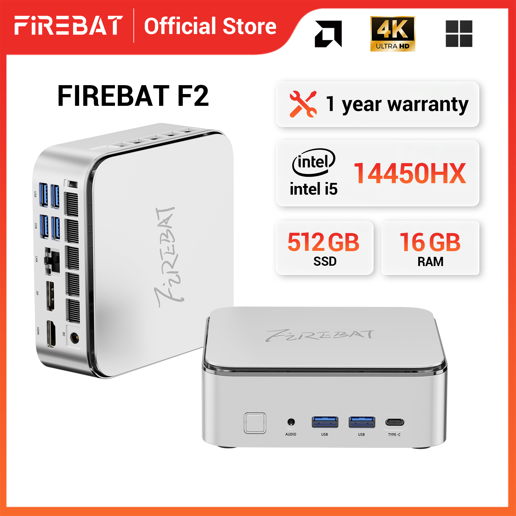 FIREBAT F2 MINI PC Intel i5-14450HX DDR4 16GB RAM 512GB SSD WIFI6 BT5.2 MINI-PC de escritorio portátil ordenador de escritorio