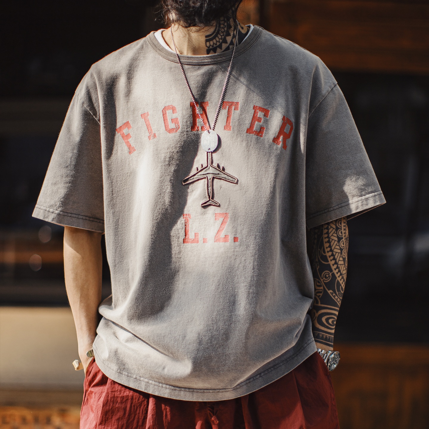 T-shirt Maden pour homme, imprimé avion de combat vintage, coton épais, col rond oversize, streetwear décontracté d'été, hauts pour homme