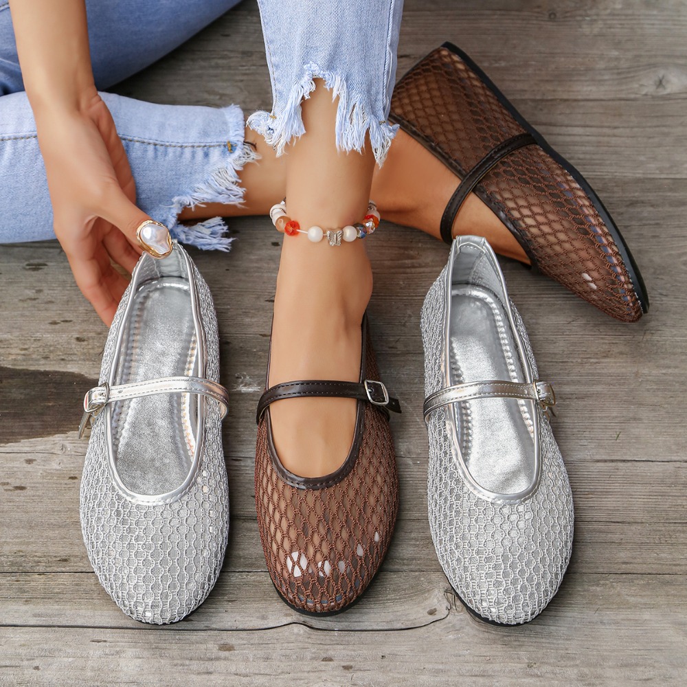 2026 Sommer Designer Bequeme Mesh-Absatzschuhe Damen Flache Schuhe Mode Runde Zehenkappe Schnallenriemen Lässige Outdoor-Kleidersandalen