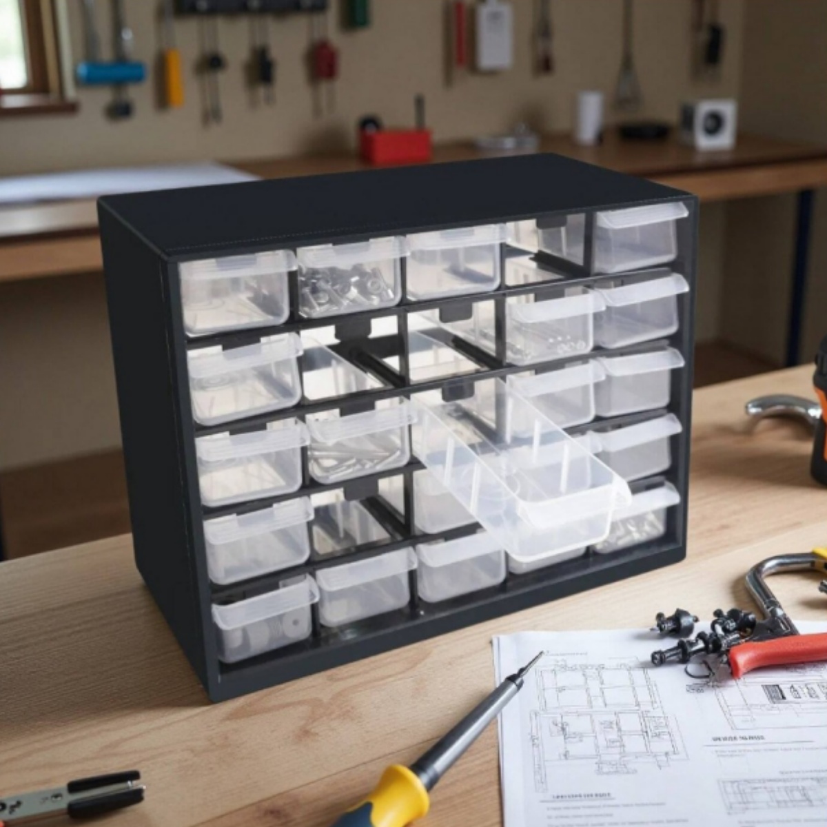 Caja de herramientas con cajón de plástico de 25 rejillas, gabinete organizador montado en la pared para tornillos de hardware, componentes electrónicos y almacenamiento de cuentas artesanales
