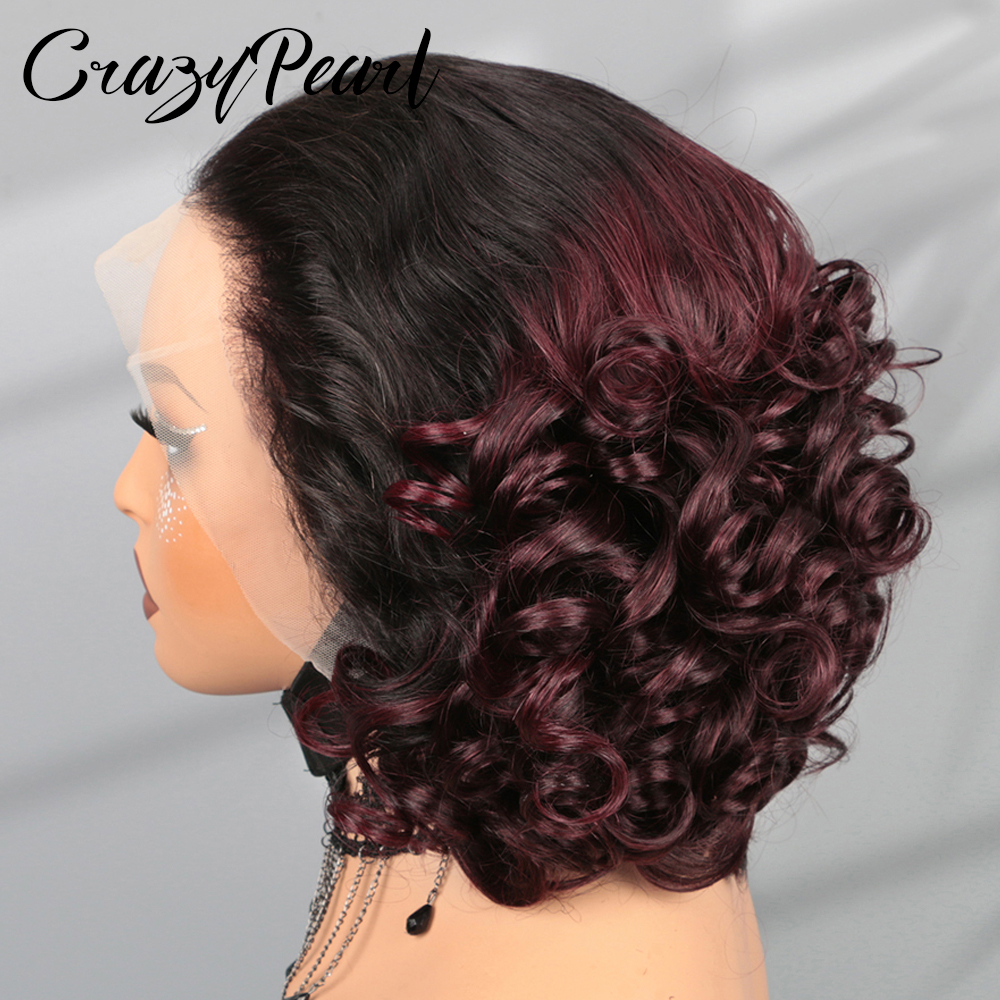 Peruca Curta de Cabelo Humano Cacheado com Frontal de Renda 13x4, Densidade 200%, Cabelo Solto e Volumoso, Cor T1B/99J, para Mulheres Negras