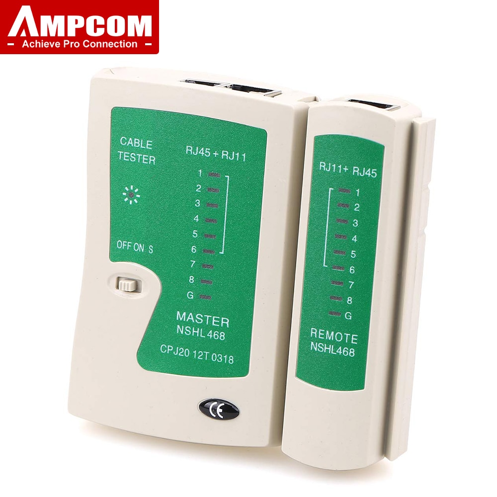 เครื่องทดสอบสายเคเบิลเครือข่าย AMPCOM เครื่องทดสอบสายอีเทอร์เน็ต RJ45เครื่องมือทดสอบสายแลนสำหรับ Cat5 Cat6 CAT7สายสาย LAN 8P 6P และสายเคเบิล RJ11
