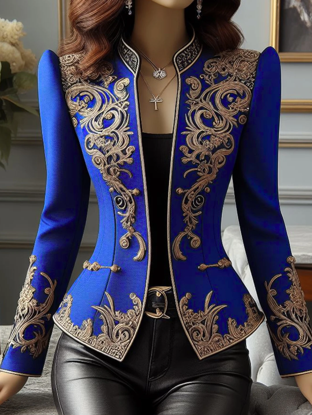 Veste Chic et élégante pour femmes, Vintage, col montant, motif Floral, taille fine, asymétrique, ample, manches longues, hauts Blazers, manteaux, 2024
