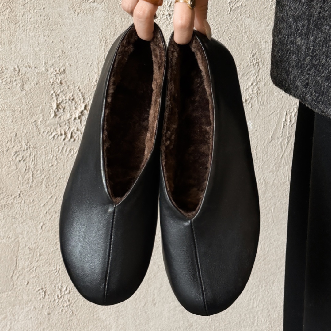 danxuefei women's cow leather round toe wool inside winter warm ballet flats high quality soft comfortable casual ballerinas hot