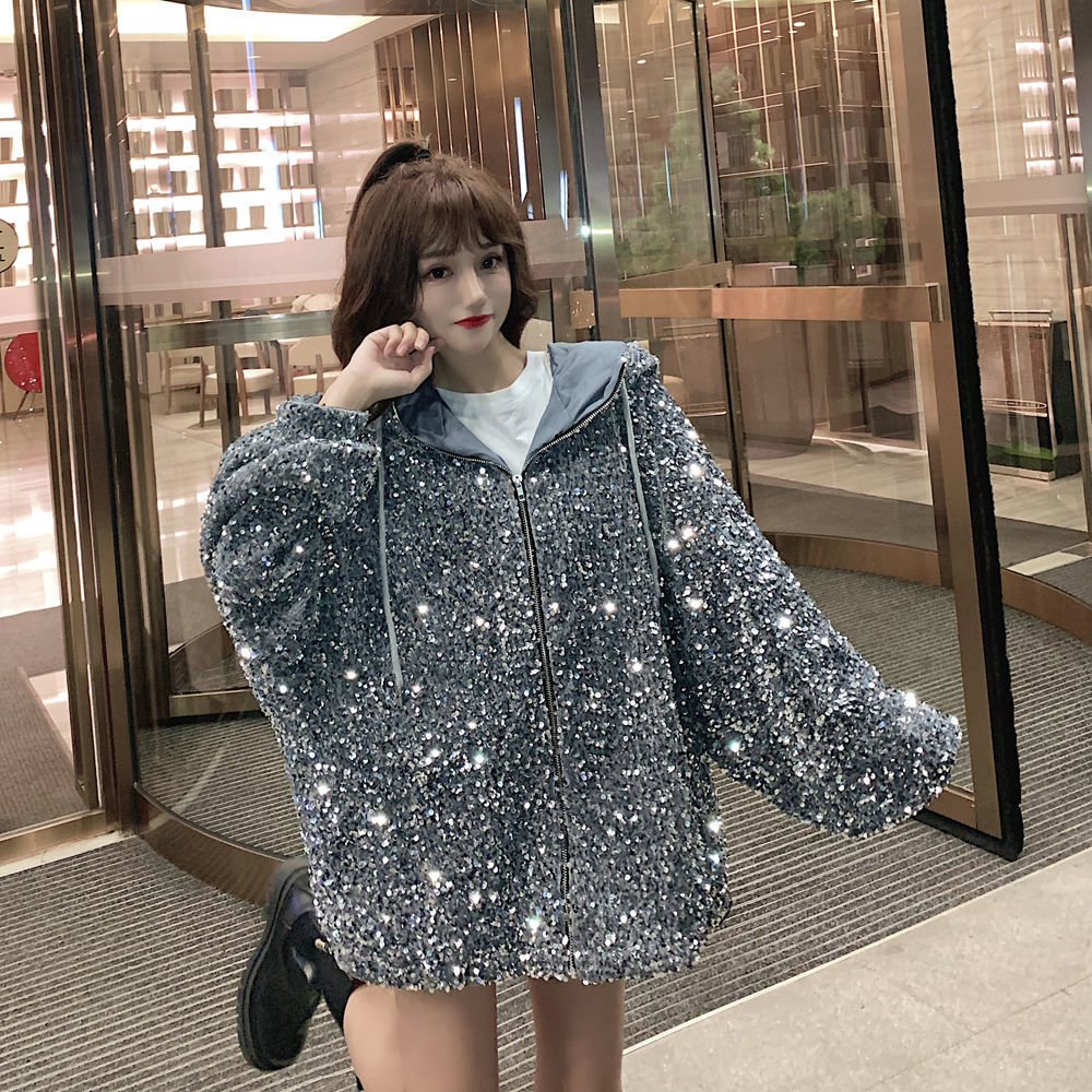 Mädchen Pailletten Kapuzenjacke Kurzmantel Frühling Herbst