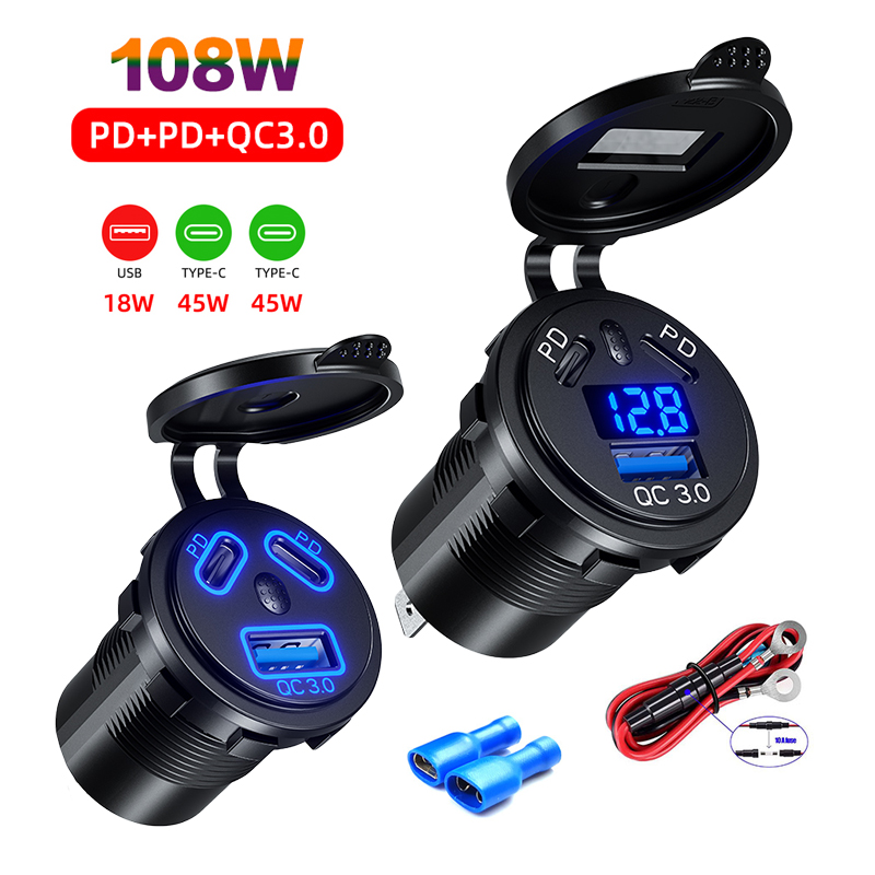 12 V/24 V USB Outlet 108W 3 พอร์ต Car Charger SOCKET Dual 45W PD ประเภท C และ 18W QC 3.0 รถจักรยานยนต์ซ็อกเก็ต Power Outlet อะแดปเตอร์ชาร์จ