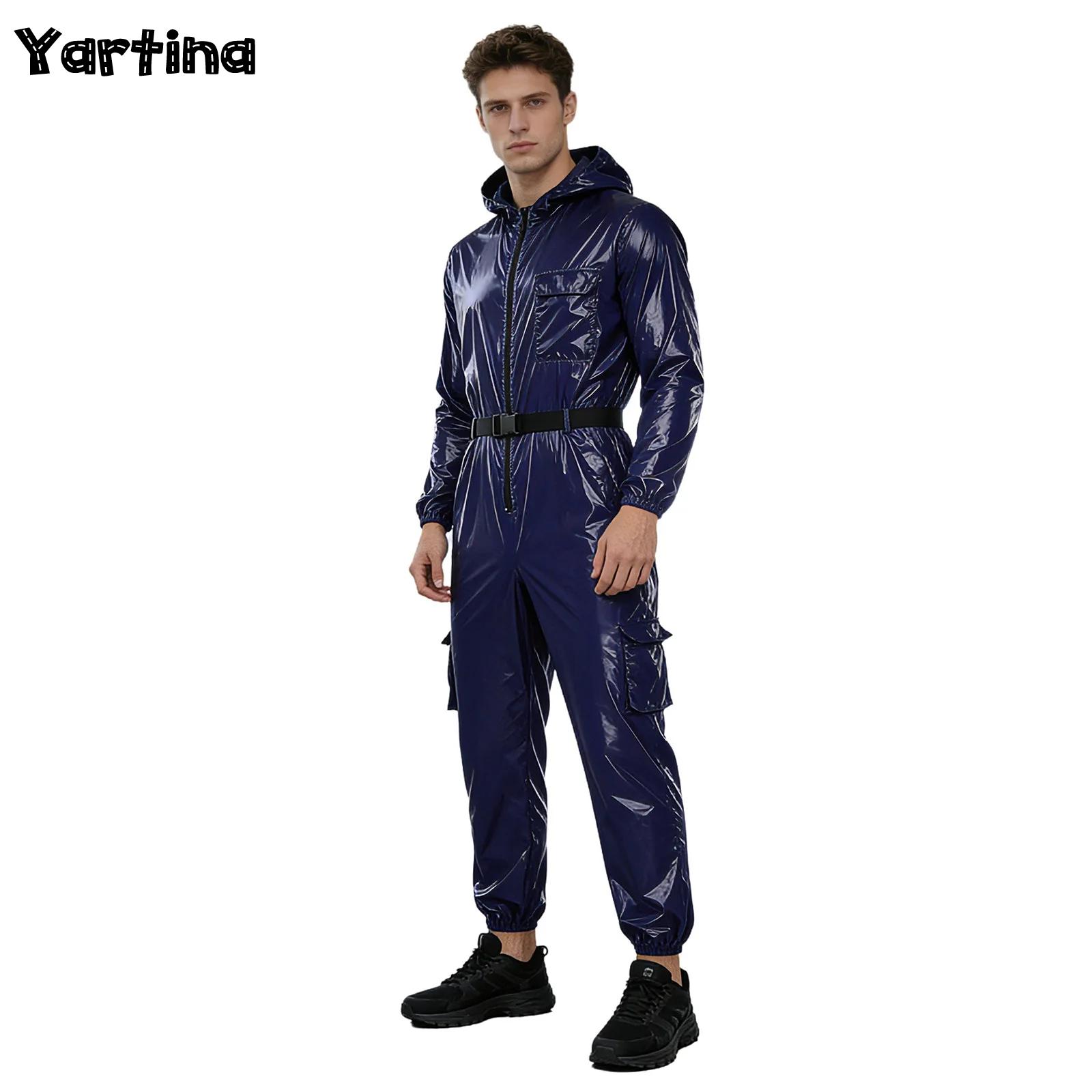 Mens Water Resistant Coveralls Costume Hooded Work Jumpsuits Long Sleeves Front Zipper Hooded Jumpsuit Flap Pockets Bodysuit