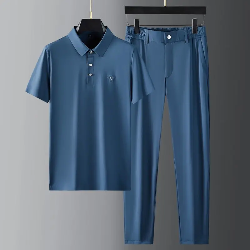 Summer Business Set Men's Thin Breathable Button Collar Polo Shirt Short Sleeve Versatile Straight Pants Two Piece Set