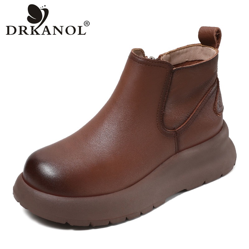 DRKANOL 2026 Jesień Zima Ciepłe Buty Damskie Skórzane Naturalna Skóra Bydlęca Gruba Platforma Koturny Obcas Boczny Zamek Retro Casual Botki