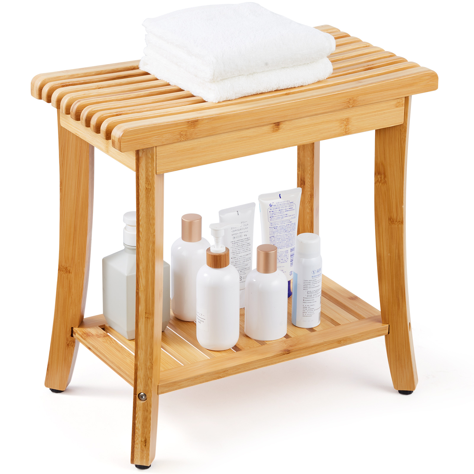 SucceBuy Banco de ducha de bambú 19,1x11,3x18,3 pulgadas, taburete de ducha impermeable, silla con estante de almacenamiento, capacidad de carga de 330 libras, asiento de Spa