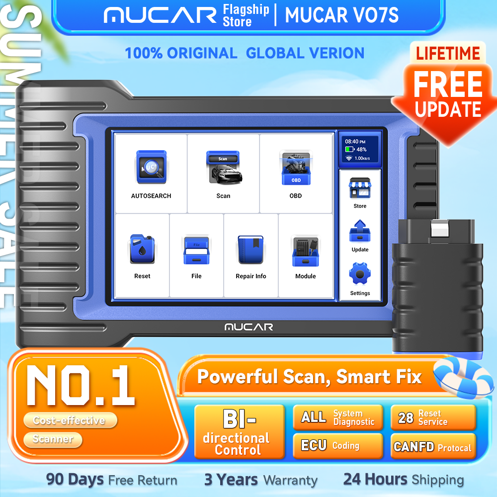 Outil de diagnostic automobile MUCAR VO7S, scanner OBD2 bidirectionnel, codage ECU, 28 réinitialisations, durée de vie complète du système, mise à jour gratuite, authentification automatique CANFD FCA