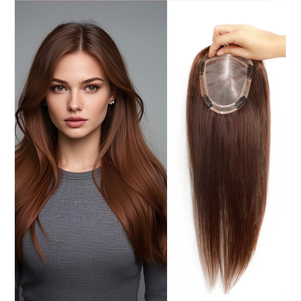 5.5X6 Inci Mono Base Brazilian Remy Human Hair Topper 12 "-18" Double Pu Sekitar Tebal Tak Terlihat Mono Topper untuk Wanita Hairpieces