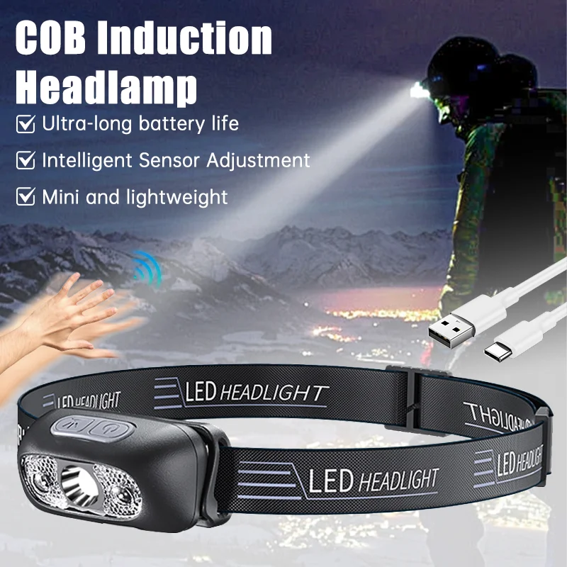 Linterna frontal de luz potente, linterna frontal portátil con Sensor LED, linterna frontal recargable por USB, linterna de emergencia para acampar al aire libre, pesca