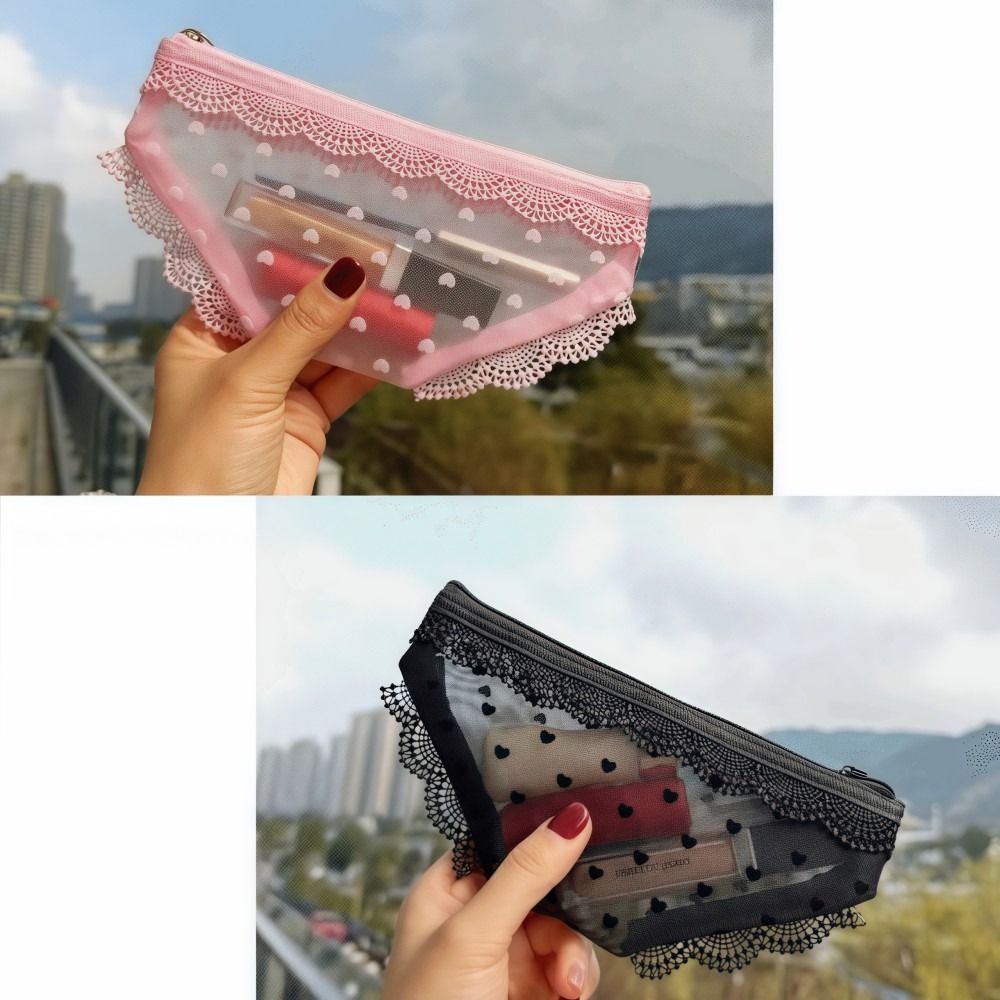 Nova Necessaire Transparente de Renda com Coração para Maquiagem e Cosméticos, Bolsa de Higiene Pessoal Y2K em Tela para Viagem