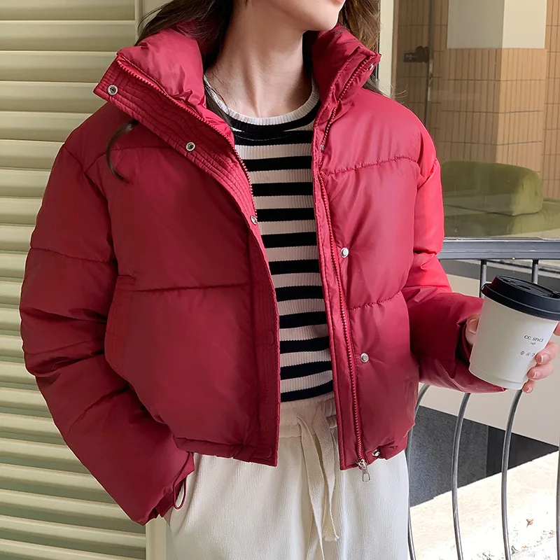 Chaqueta corta de invierno para mujer, ropa cálida, chaquetas acolchadas cortas, chaqueta acolchada de algodón ligera y elegante con cuello levantado para estudiantes, nueva